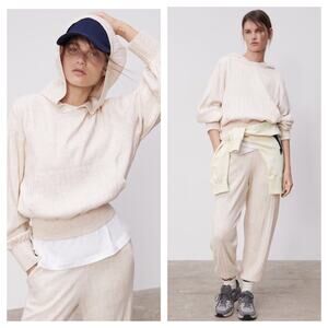 Zara Cream Cropped Knit Ribbed Oversized Comfy Hoodie Sweatshirt Medium Chic